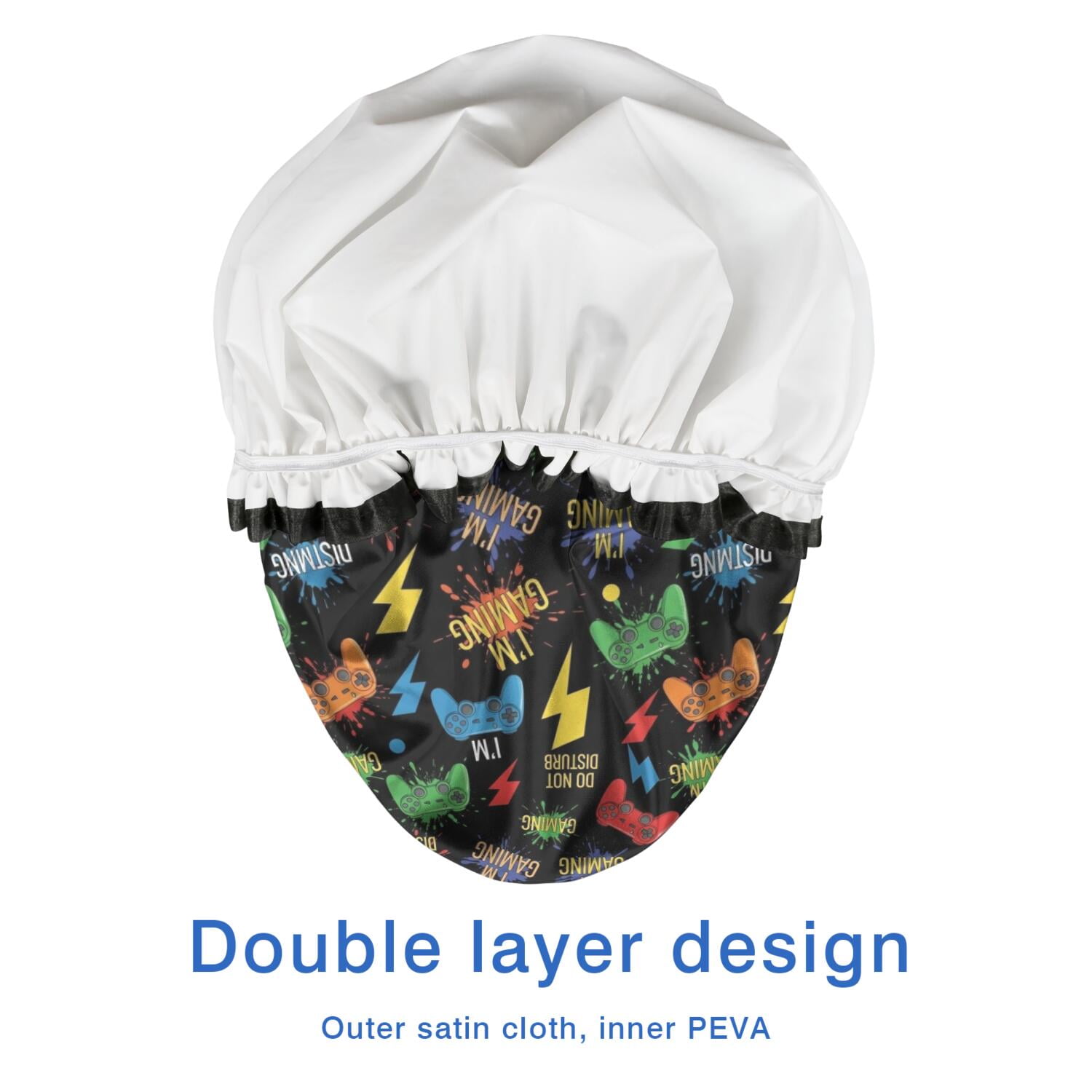 Shower Caps,Colorful Controllers Games Words Black Pattern Waterproof Shower Cap for Women 4 Pieces,Double Reusable Hair Cover for Shower PEVA Elastic Stretch Hem