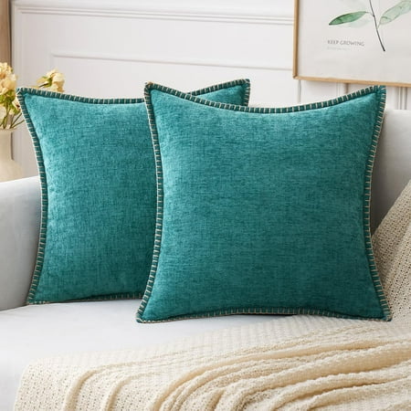 

MIULEE Pack of 2 Couch Throw Pillow Covers 16x16 inch Teal Farmhouse Decorative Pillow Covers with Stitched Edge Soft Chenille Solid Dyed Spring Pillow Covers for Sofa Bed Living Room