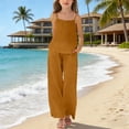 thumbnail image 2 of Miluxas Girls Linen Outfit 2 Piece Sleeveless Cami Top and Wide Leg Pants Set Kids Solid Casual Summer Beach Vacation Clothes Brown 160, 2 of 7