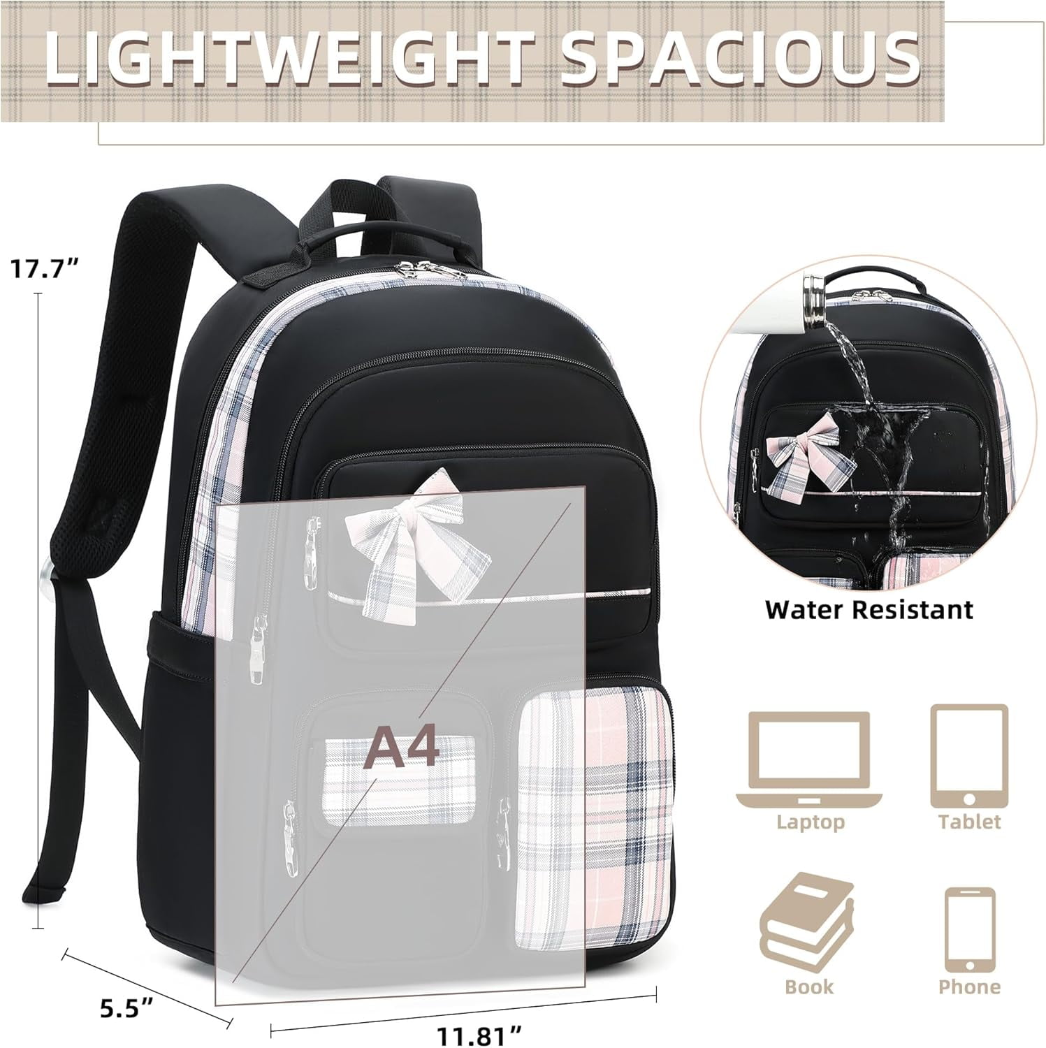 AO ALI VICTORY Backpack for Girls,School Backpacks for Teen,Cute College Bags for Women Students Large Bookbag 15.6 Inch Laptop Bag Back Pack Kids Kindergarten Elementary Casual Travel（black）