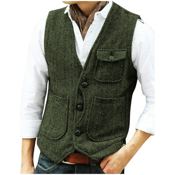 Donemore Men's Solid Color Sleeveless V-Neck Single-Breasted Multi-Pocket Vest Casual Daily Wear Practical Design Versatile Layering Piece
