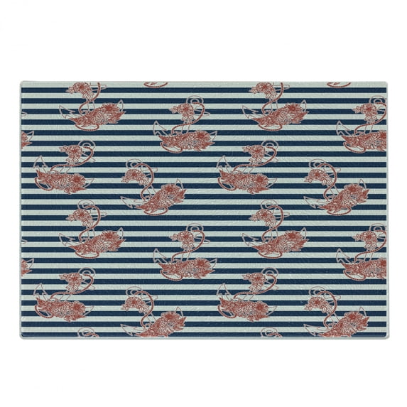 Anchor Cutting Board, Floral Anchor on Striped Surface Crescent Moon Modern Theme Art, Decorative Tempered Glass Cutting and Serving Board, Small Size, White Blue and Red, by Ambesonne