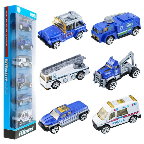 Benrich 6 Piezas Mini Juguetes de Coche de Metal Fundido a Presión Escala 1/64 - Camión con Escalera Camión Torre de Agua Vehículos de Patrulla de Transporte de Ambulancia - Juguetes de Coche Ideales