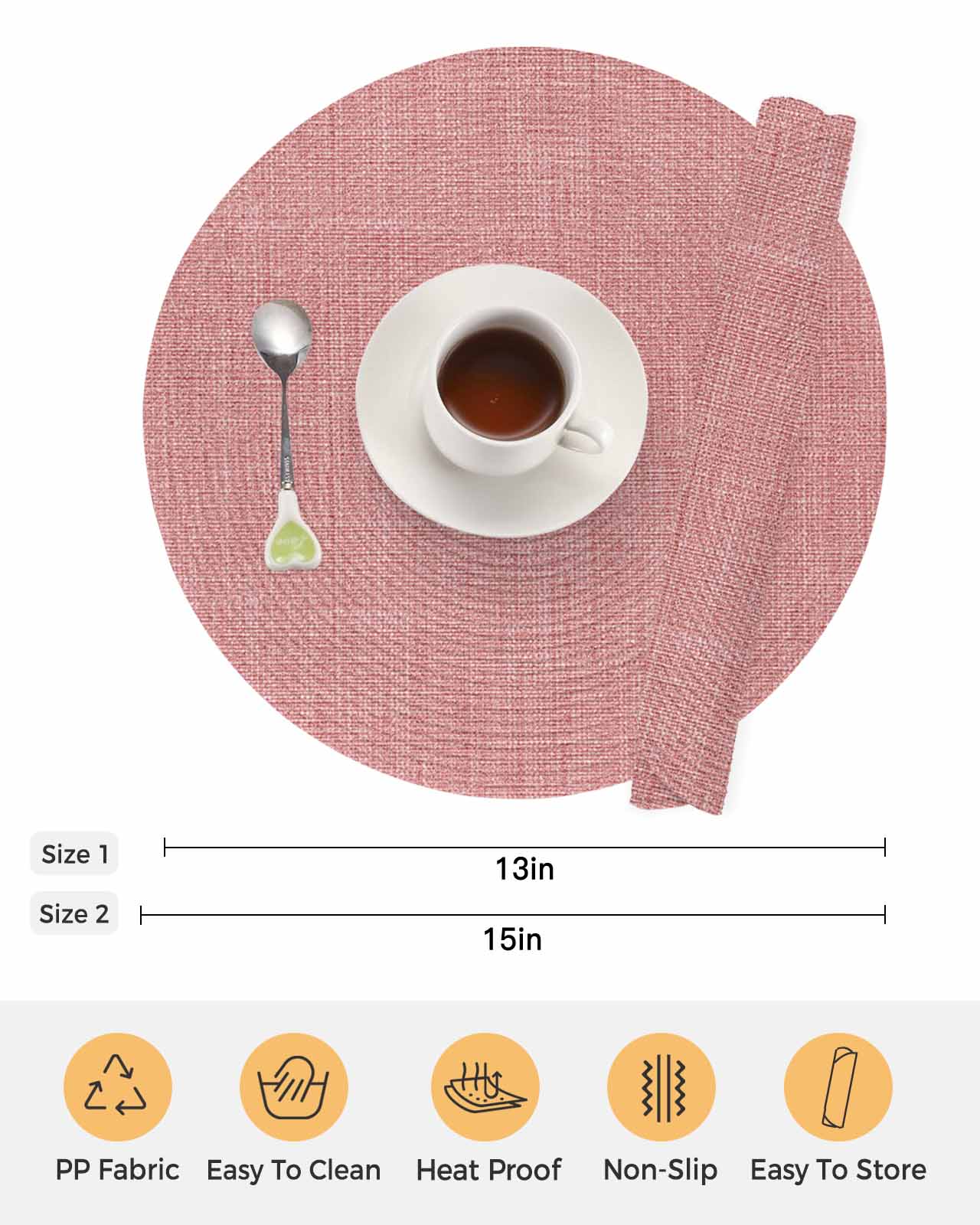 Round Placemats Set of 4 Peach Pink Linen Place Mats Washable Woven Placemat Farmhouse Pure Color Circle Braided Table Mat for Kitchen Dining Table Party Home Decor 15 Inch