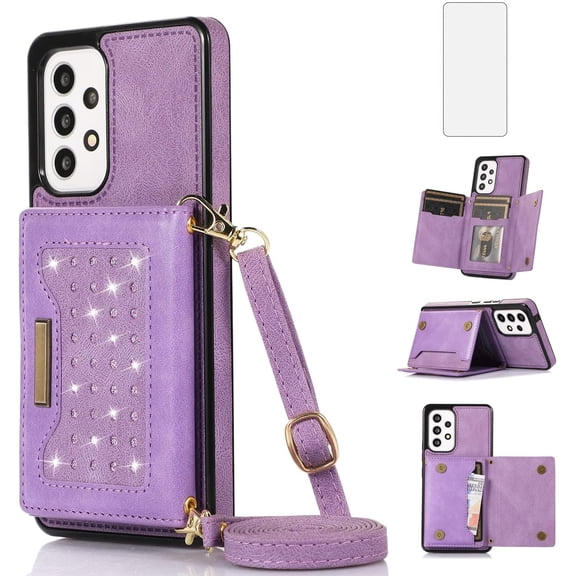 Phone Case for Samsung Galaxy A53 5G Wallet Cover with Tempered Glass Screen Protector and Card Holder Slot Stand Leather Bling Glitter Cell A 53 G5 53A SM A536U 6.5" 2022 Women Men Purple