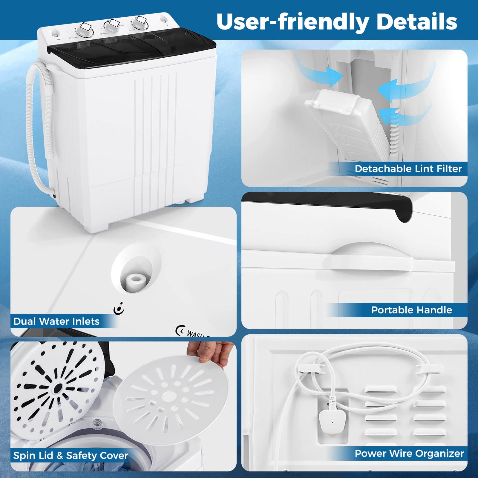 Costway Twin Tub Portable Washing Machine with Drain Pump Timer Control Dorm & RV's Black