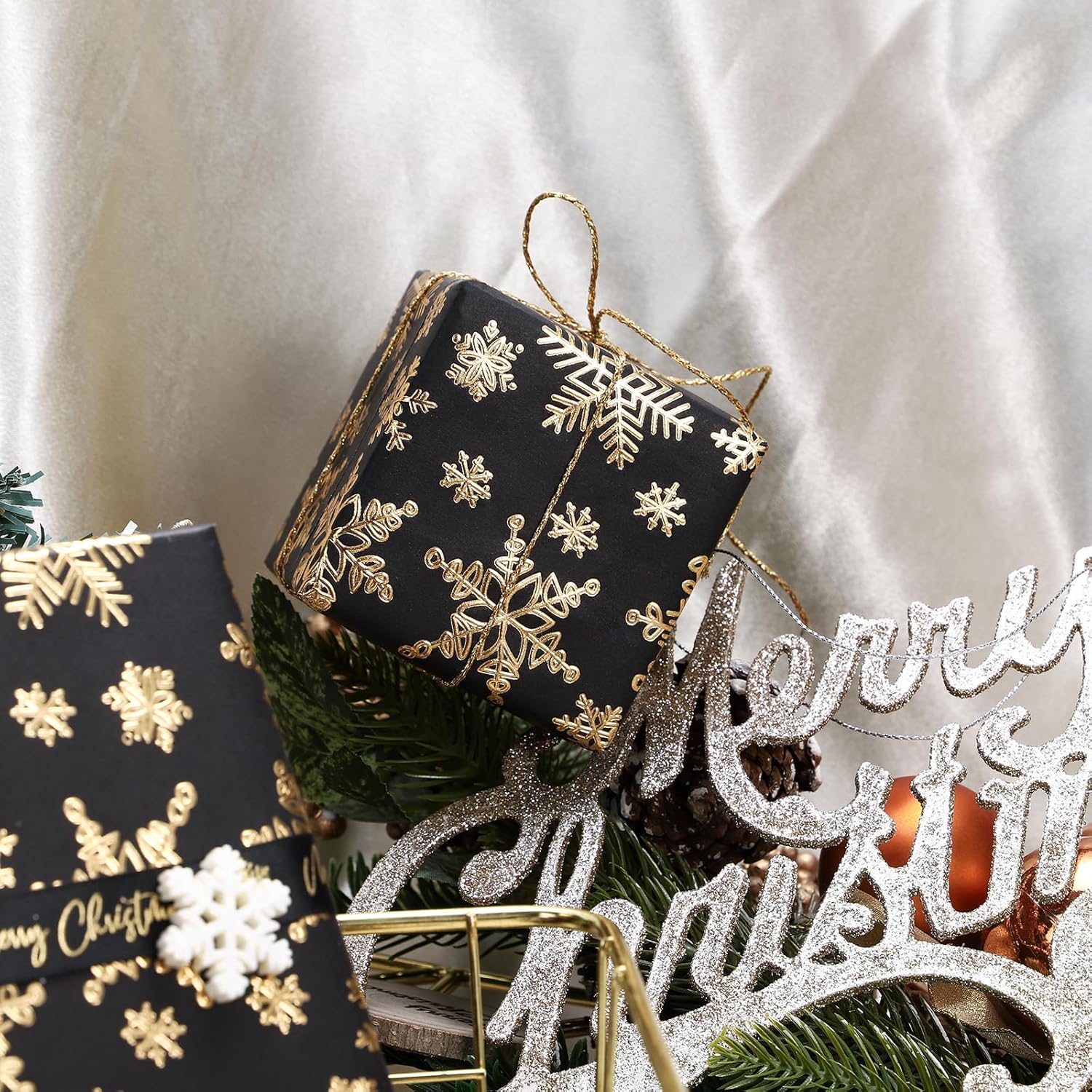 3D Kraft Christmas Wrapping Paper Roll - Mini Roll - 17 Inch x 16.5 Feet - Gold and Black Snowflake Wrapping Paper with Embossed Perfect for Christmas, Holiday, Party Celebration