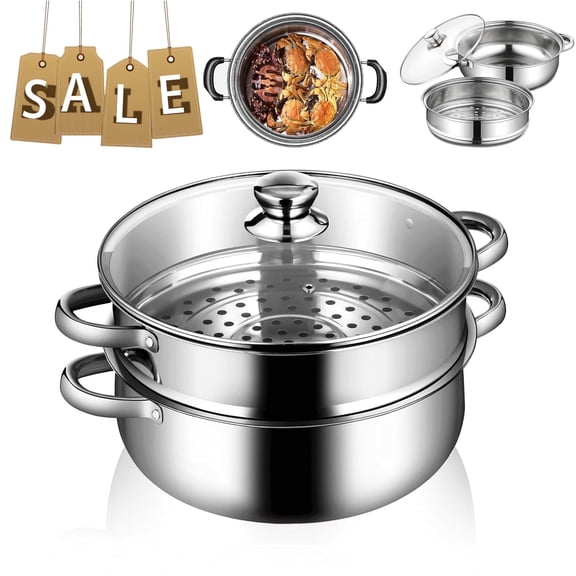 Stainless Steel Double Layer Steamer Pot with Handle and Glass Lid