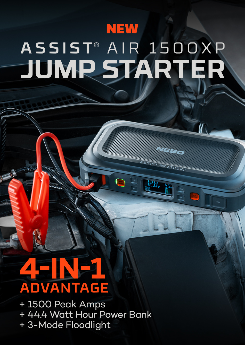 NEBO Assist 1500 Amps Jump Starter with Power Bank, Emergency Light, and Air Compressor
