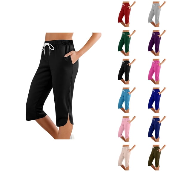 Capri Pants for Women Spring Summer Elastic Mid Waist Side Slit Hem Casual Cropped Pants Capris with Pockets