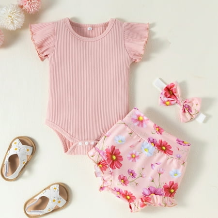 

Lovebay Baby Girls Knitted Romper Shorts Bow Summer Floral Outfit Clothes