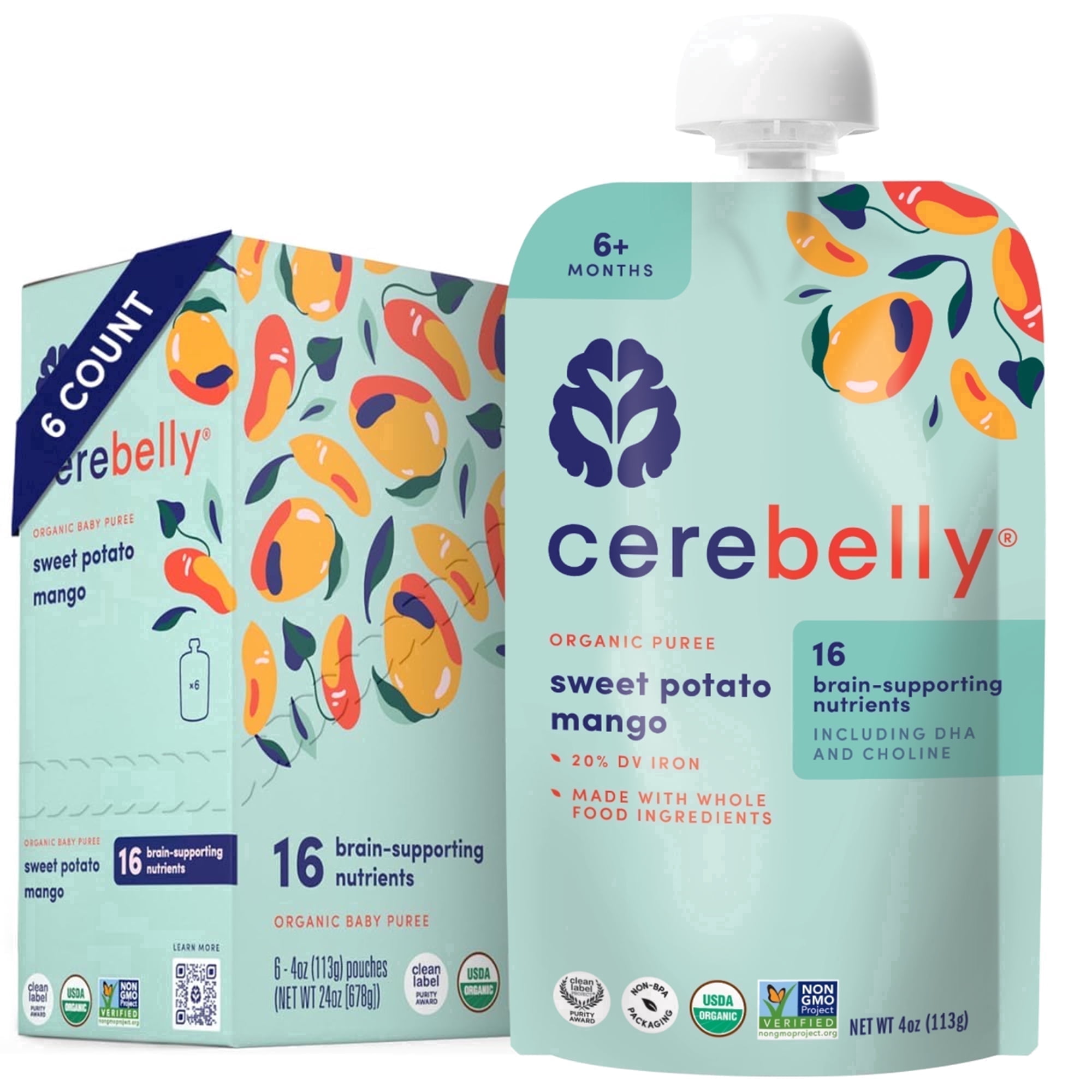 Cerebelly Organic Baby Food Sweet Potato Mango 4 oz Puree Toddler Pouches 6 Pack
