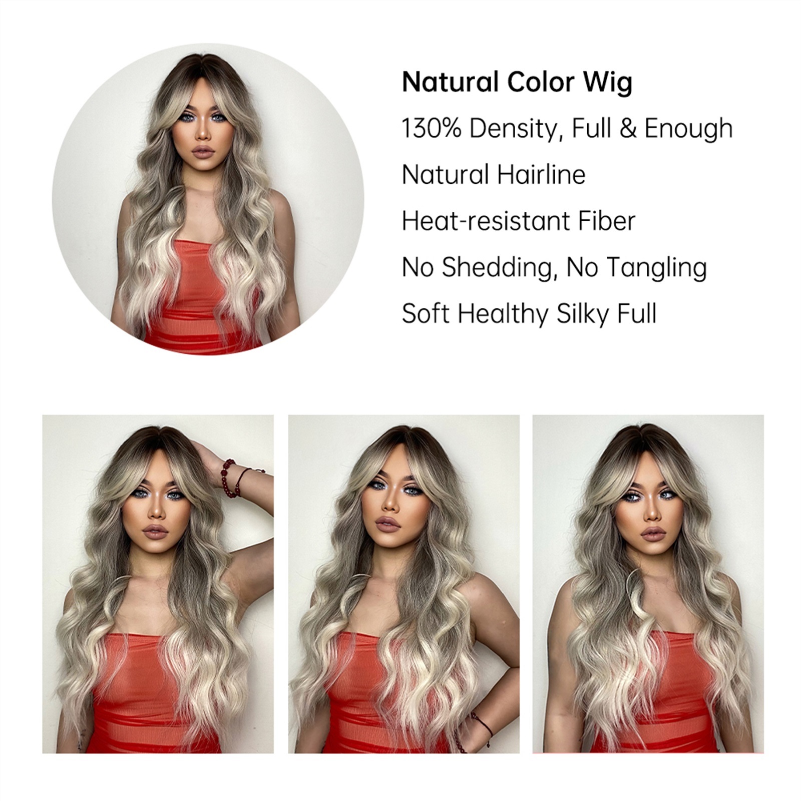 Ombre Ash Brown Blonde Synthetic Wigs for Women Long Wavy Gray Platinum Wigs With Bangs Daily Cosplay Natural Fake Hair