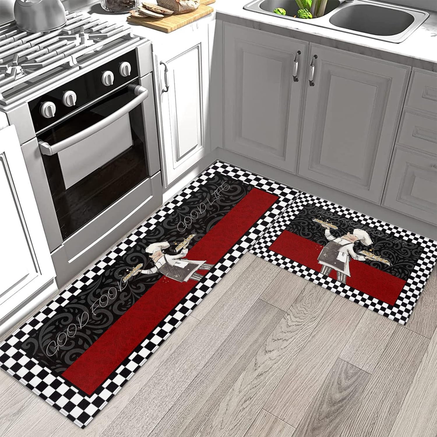 Chef Kitchen Floor Mat Set of 2, Funny Cartoon Figure with Food Buffalo Checker Rugs Water Absorbent Comfort Runner Rugs and Mats for Bedroom/Bathroom Entry Way Decor Chic Texture Burgundy Red Black