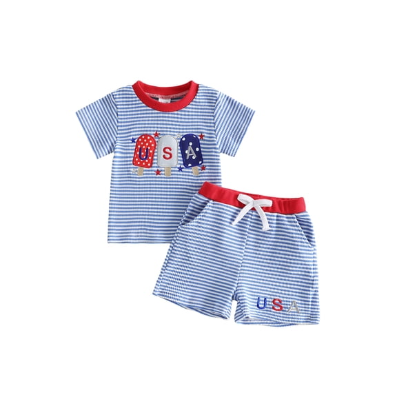Cenuakty Toddler Little Baby Boys Patriotic Outfits 6M 12M 18M 24M 2T 3T 4T Ice Cream Embroidery Striped Short Sleeves T-Shirt and Shorts Set for 2 Piece Clothes