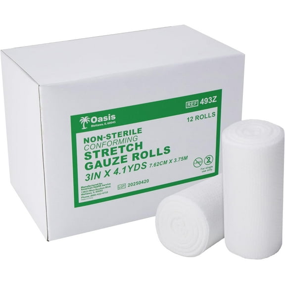Oasis Stretch Gauze Rolls, 3 in x 4.1 Yards, Latex Free, Conforming Non-Sterile Gauze, 12/Pack