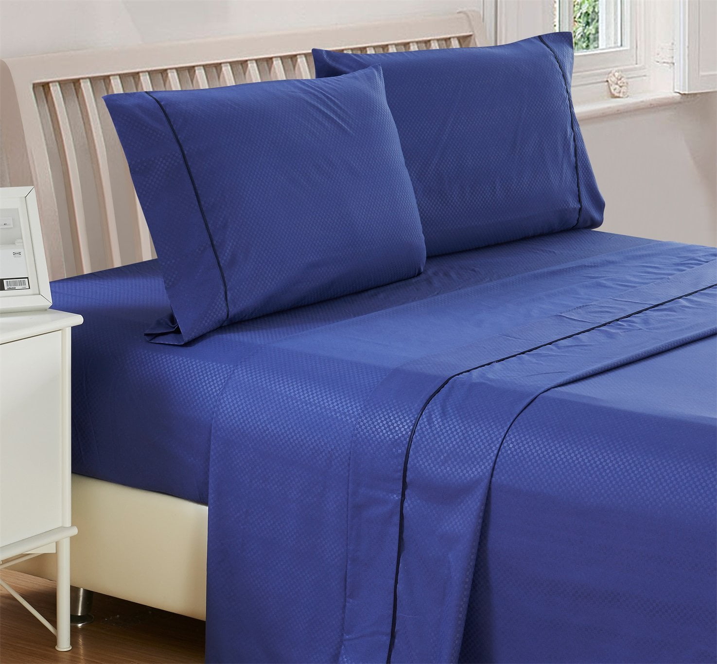 Checkered Bed Sheet Set(Twin, Navey Blue) Deep Pocket 1800 Series