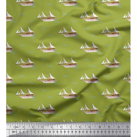 Soimoi Green Silk Fabric Waves & Ship Nautical Printed Craft Fabric by the Yard 42 Inch Wide