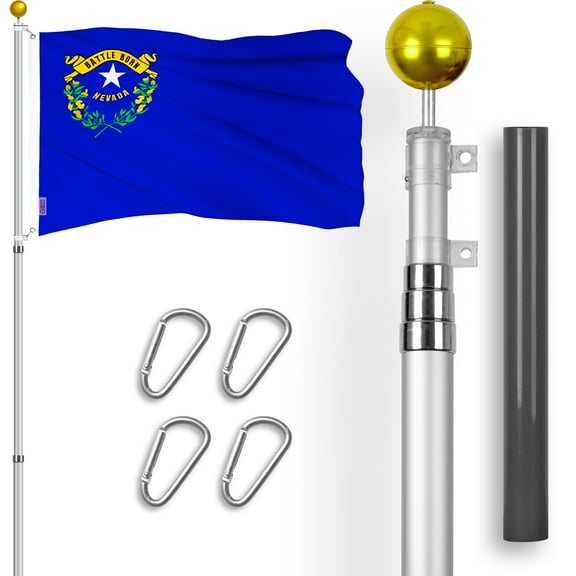 G128 Combo Pack: 16 Ft Telescoping Aluminum Flagpole (Silver) & Nevada NV State Flag 3x5 Ft, ToughWeave Series Embroidered 300D Polyester | Pole with Flag Included