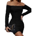 thumbnail image 3 of Women'S Off the Shoulder Long Sleeve Ruched Bodycon Dress Bustier Wrap Mini Dress Black XL, 3 of 9