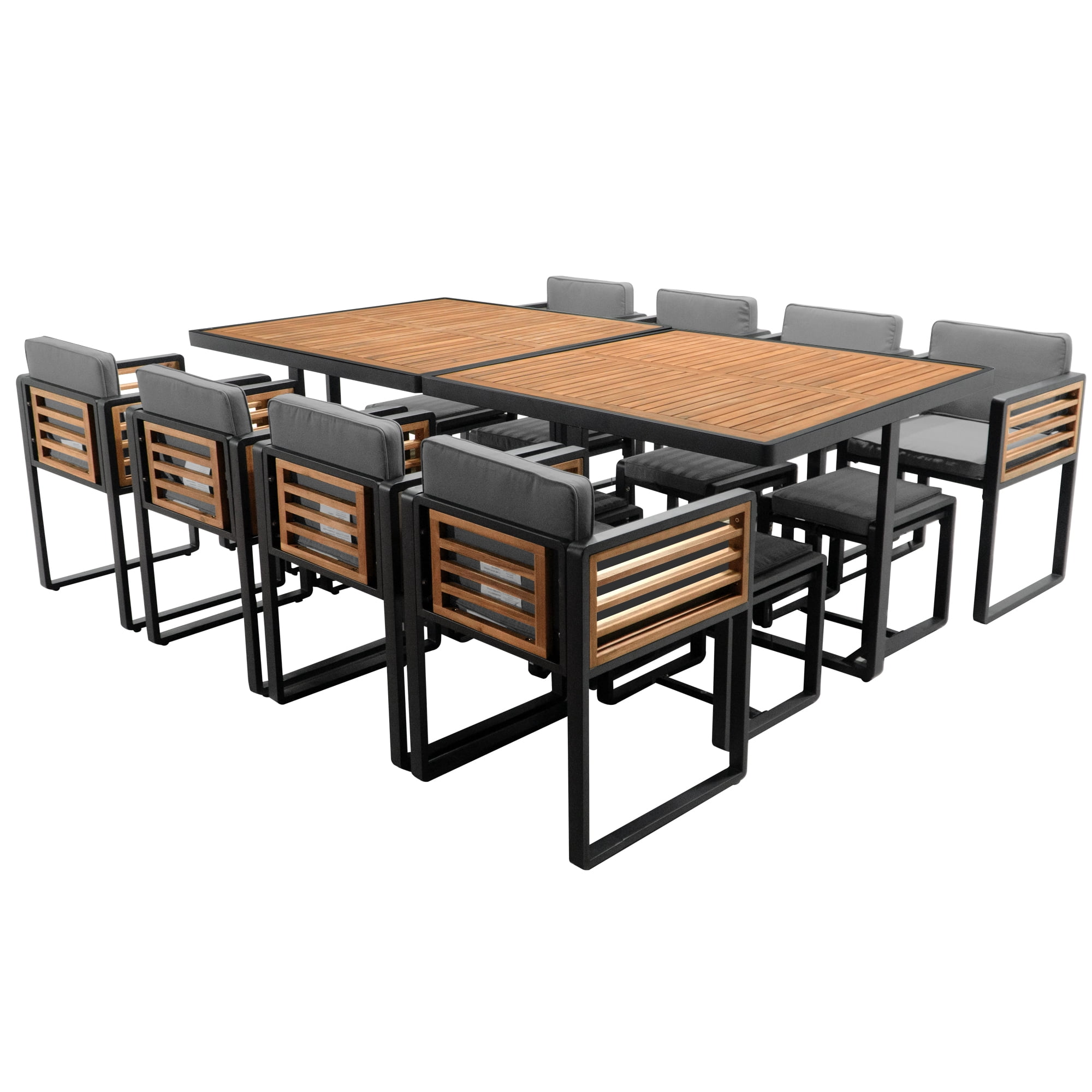 Euroco 18-Pieces Acacia Wood Patio Dining Set, Space Saving Outdoor Patio Set, 8 Cushioned Chairs & 8 Ottomans & 2 Square Table, for Backyard, Garden, Deck and Poolside