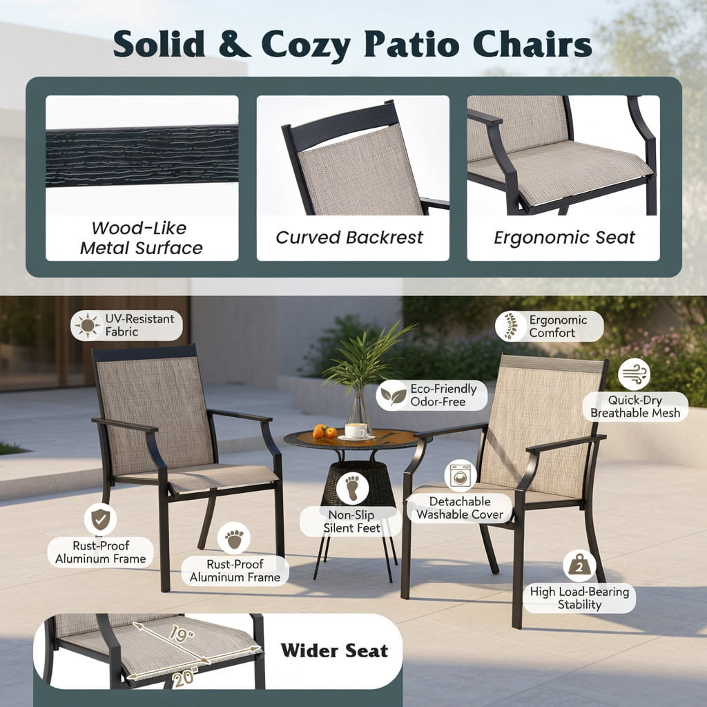 Hommoo 2-Pack Large Outdoor Dining Chairs, Breathable Mesh Seat, Rustproof Metal Frame, Patio Chairs for Deck, Backyard, Balcony, Coffee