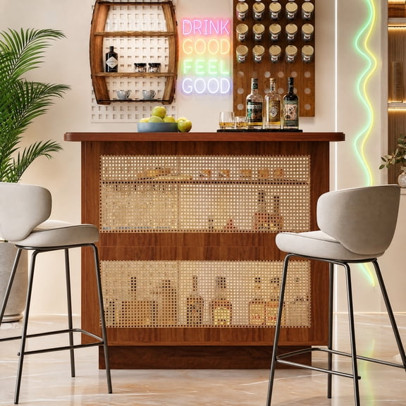 Fnova Farmhouse Rattan Home Bar Cabinet with Glass Holders, 4-Tier Corner Liquor Display Unit, Versatile Wine Bar Table and Reception Desk, Brown