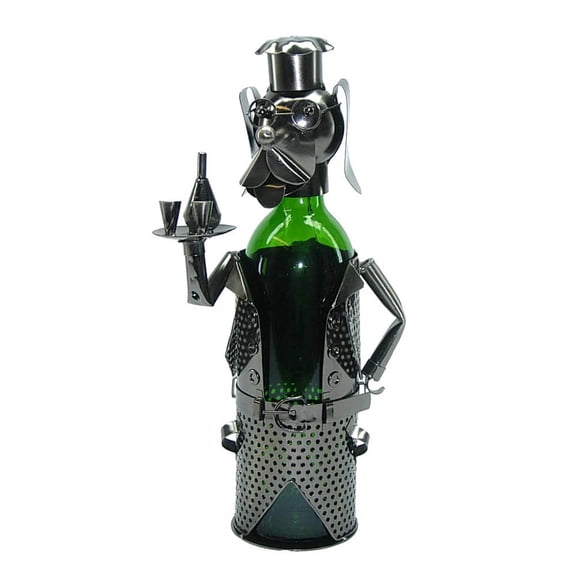 Wine Bottle Holder Wine Rack in Metal Dog Butler or Waiter Themed in Silver Metal