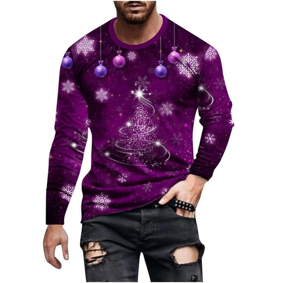 Honeeladyy Christmas Shirt for Men Xmas Tree Printed Round Neck Long Sleeve Pullover Tops Holiday Party Tee Shirts Blouse #Rd-Purple-S