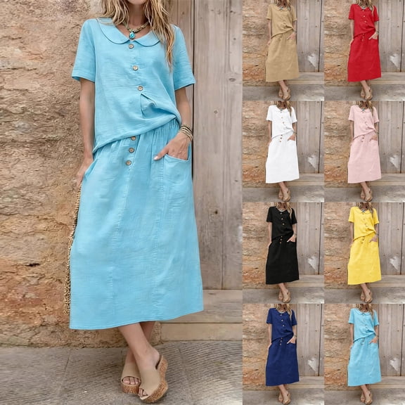 Miluxas Womens 2 Piece Outfits Summer Solid Skirt Set Button Short Sleeve Tops and Elastic Waist A Line Skirt Dress Sets with Pockets Yellow