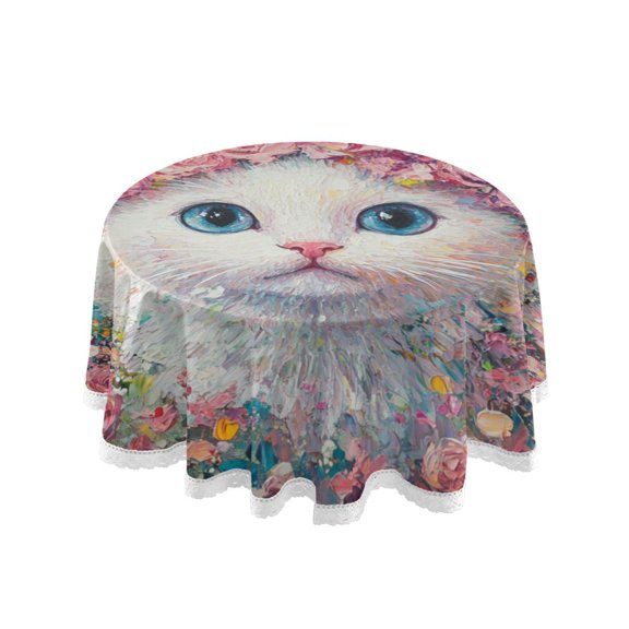 YAZAOO Round Tablecloth Cat Surrounded by Pink Roses Pattern Tableclothes
