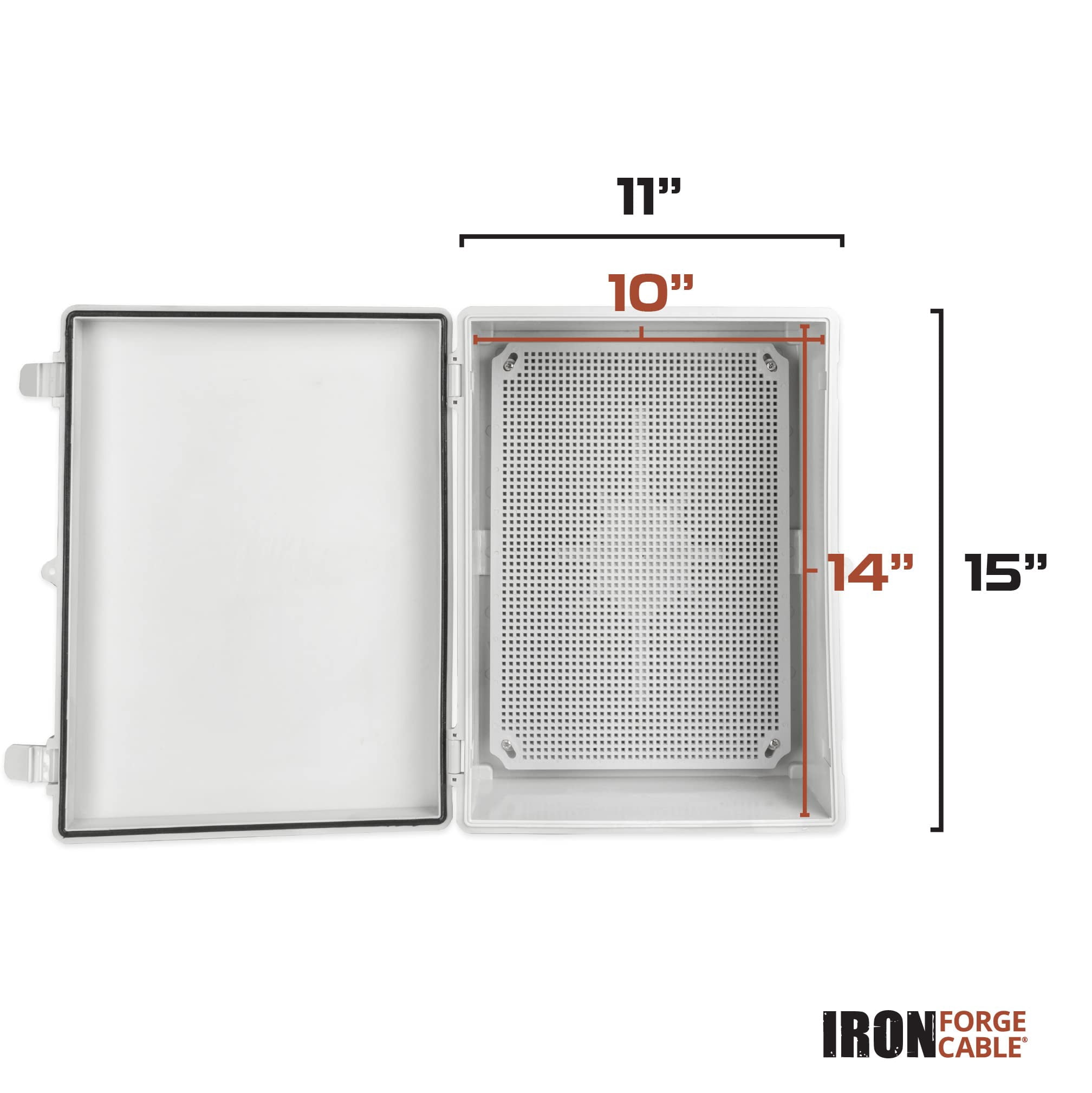Iron Forge Cable Waterproof Junction Box - Outdoor Electrical Enclosure - Plastic Project Boxes with Mounting Plate, Wall Brackets, Weatherproof Hinged White Panel Cover - IP65-15x11 Inch