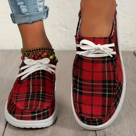 

Women s Plaid Pattern Loafers Slip On Lightweight Flat Canvas Shoes Low-top Versatile Shoes