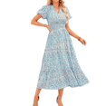 thumbnail image 2 of Summer Maxi Dresses for Women 2025 Casual V Neck Puff Short Sleeve Smocked Flowy Beach Boho Long Floral Dress White L, 2 of 7