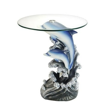 HomeRoots 469039 24 in. Glass Polyresin Dolphins Round End Table, Blue & Clear