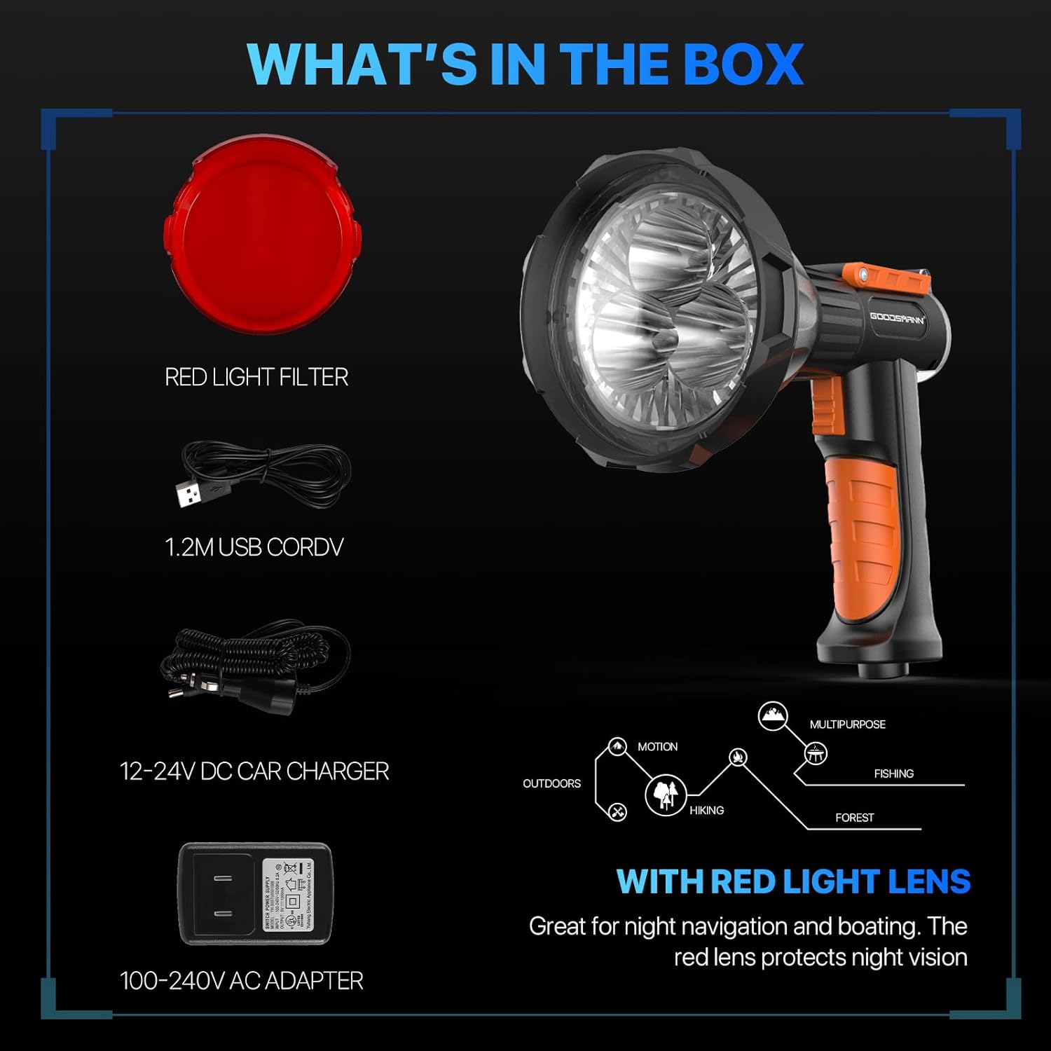 Goodsmann 4000 Lumens LED Rechargeable Flashlight 50W with Red Filter