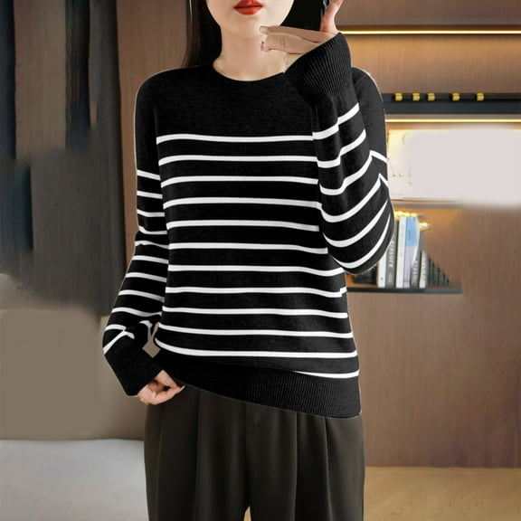 Zylanna Women's Pullover Sweaters, Knitted Striped Crew Neck Long Sleeve Casual Tops for Women Black