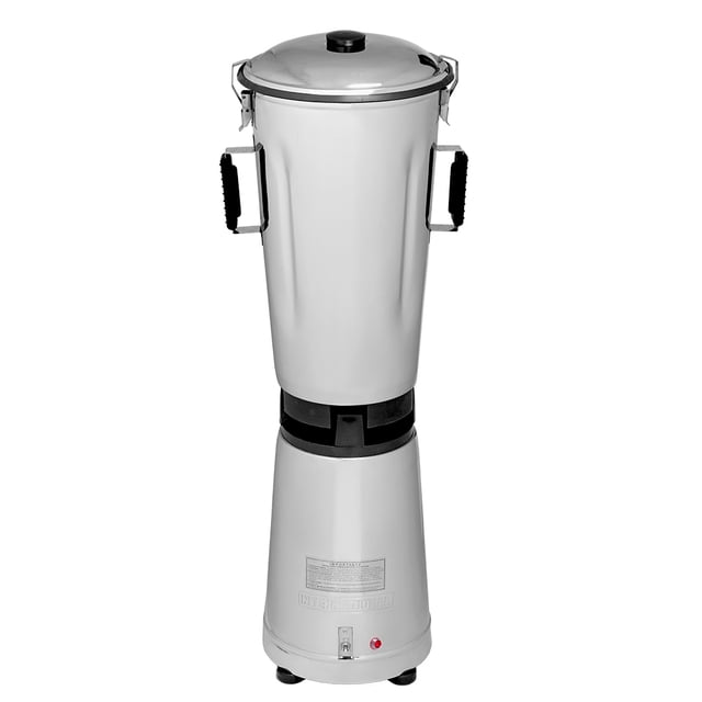 licuadora industrial international mod li-17a 17 litros plata, vista frontal centrada; vaso cilíndrico en acero inoxidable T-304 con tapa esférica y tapón alimentador, aspas de abanico para molienda más densa, rompeolas troquelado, asas con recubrimiento de hule vulcanizado, broches satinados y base pedestal con interruptor 20 A y foco piloto; ideal para licuado comercial y para preparar grandes cantidades.
