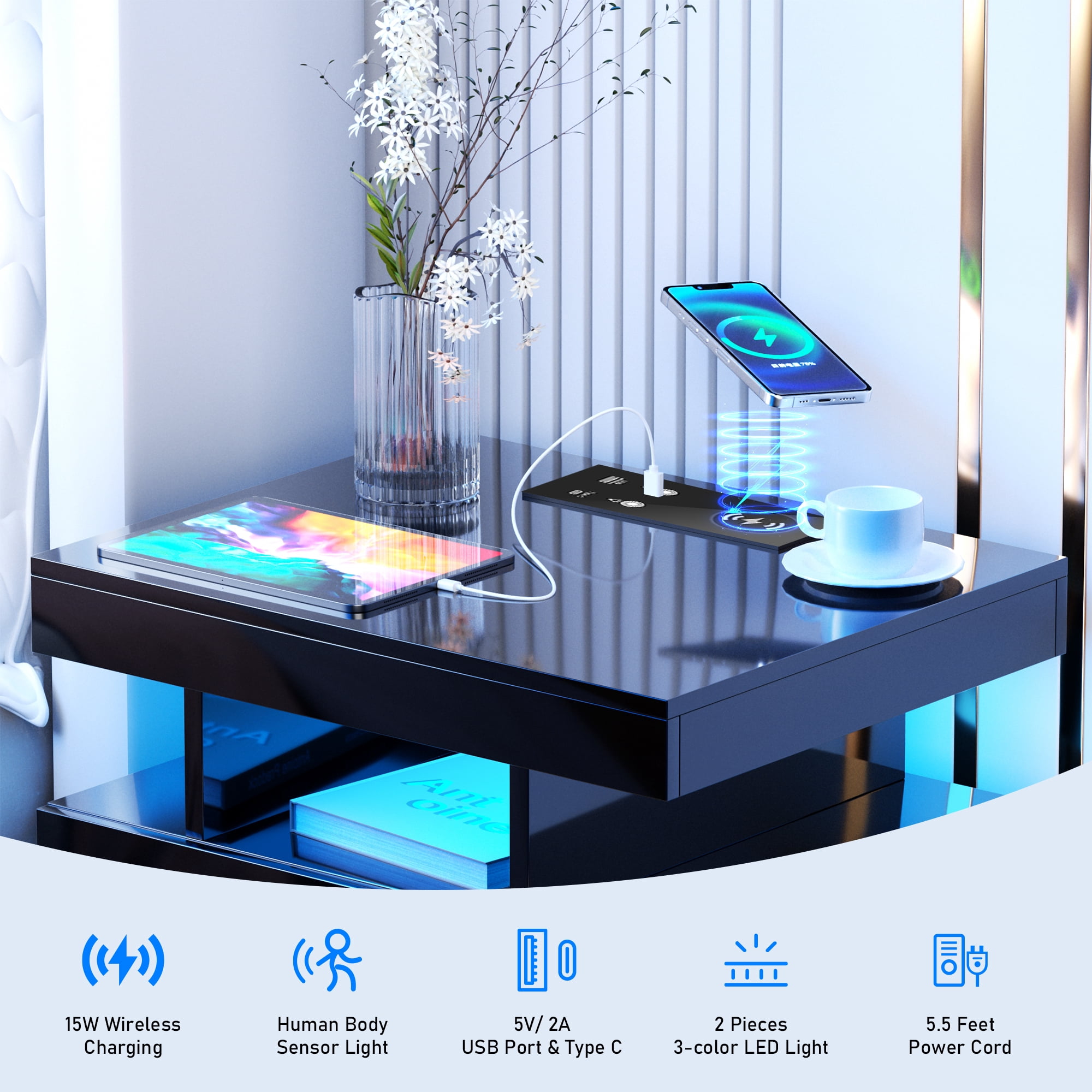 Dalattin LED Night Stand with Charger Station Type C USB Port, End Bedside Table for Bedroom, Black