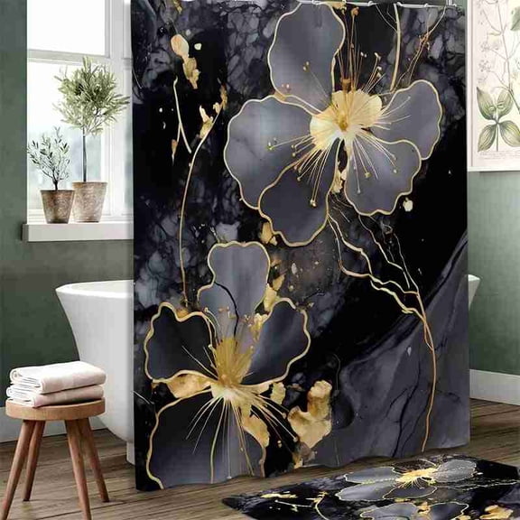 70x70 inch Black and Gold Abstract Floral Shower Curtain, Waterproof Polyester Fabric with Hooks for Bathroom Decor