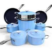Nuwave Lux Pots and Pans Set Ultra Nonstick, Healthy G10 Duralon Ceramic Coating 13pc Forged Lightweight Cookware Set, Stay-Cool Handles, Works on All Cooktops & Oven, Poppy Blue