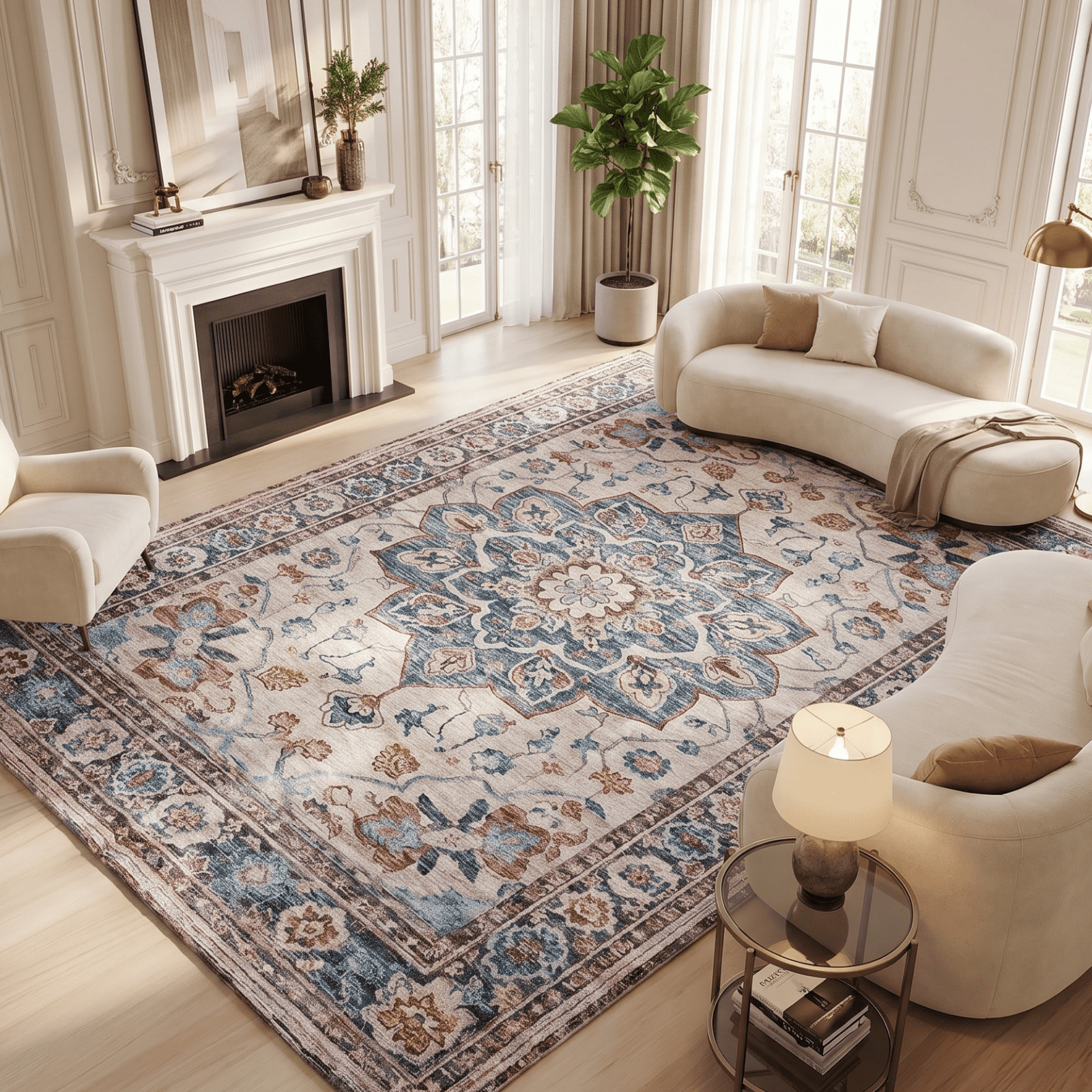 Kelno 9'x12' Area Rugs Large Vintage Living Room Rug Washable Low Pile Indoor Carpet Non-slip Soft Rug Bedroom Dining Room, Blue&Red