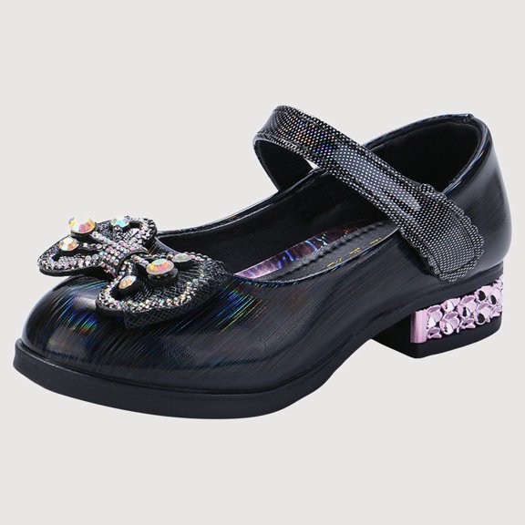 Gyujnb Mary Jane Shoes Fashion Bow Rhinestone Hook and Loop Low Heel Closed Toe Dress Shoes (Girls),7-8 Years