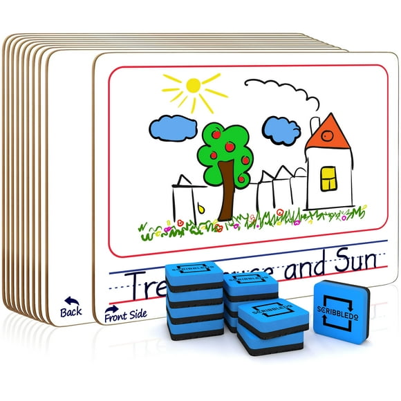 10 Pack Double Sided Whiteboards 9 x12 Story Lined Dry Erase Boards for Kids Writing Board Age 3-5 Practice Drawing Small White Board Teacher Elementary Grade 1 Kindergarten Preschool + Erasers
