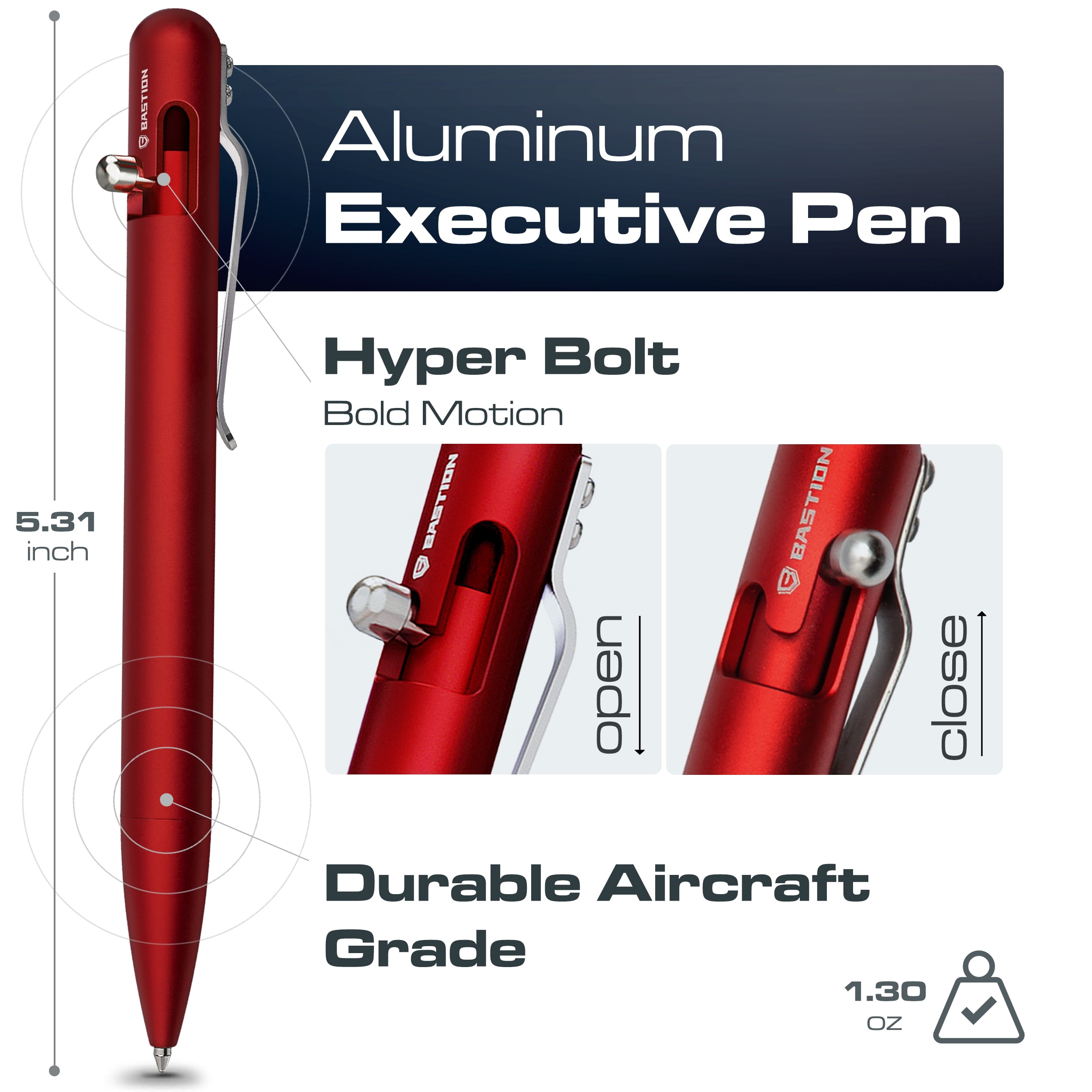 Bastion Aluminum Bolt Action Pen, Regal Red, Ballpoint Refillable, 1 Count