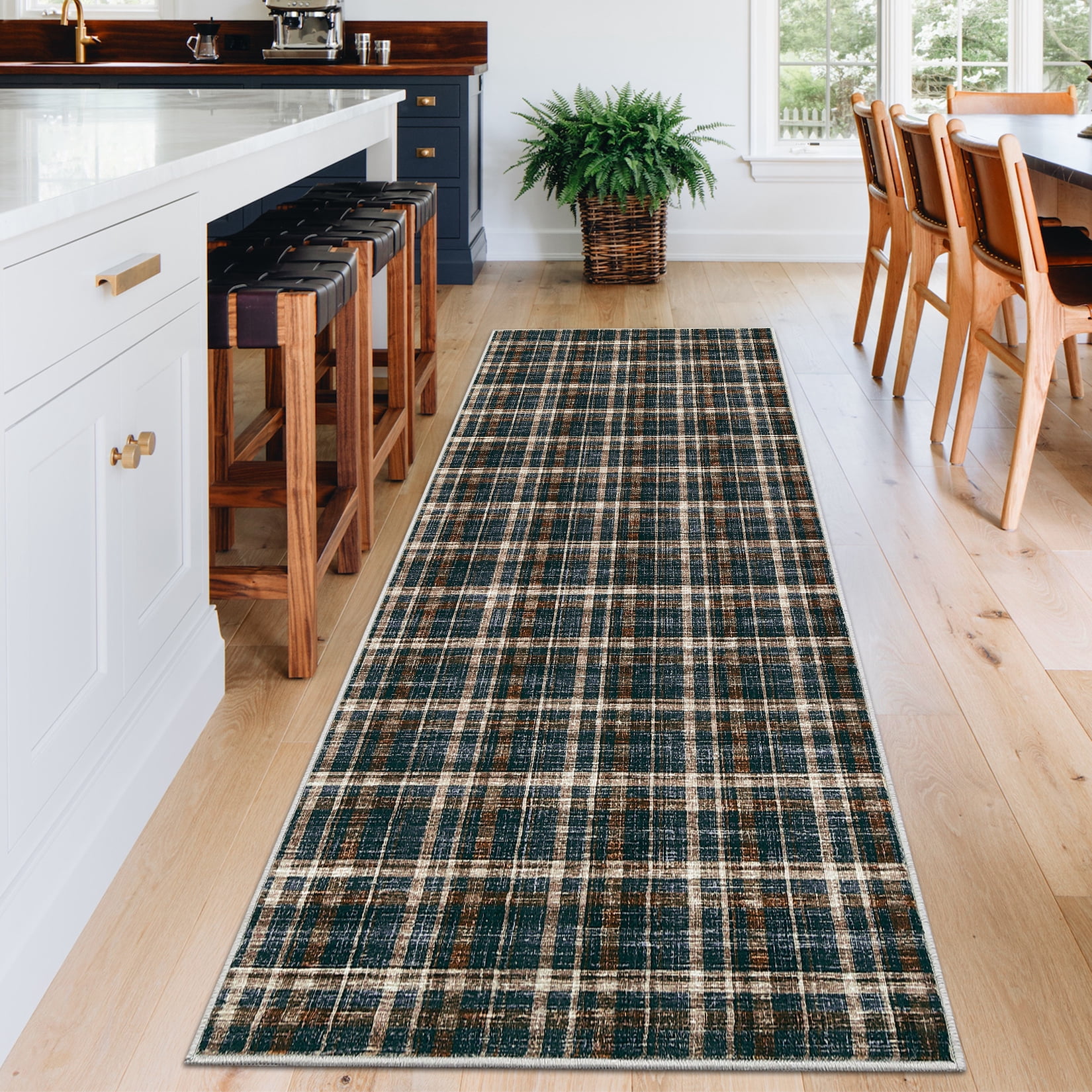 FairOnly Modern Geometric Plaid Non Slip 2'x6'Runner Rug British Style Machine Washable Soft Non Shedding Rug for Kitchen Hallway,Black Brown