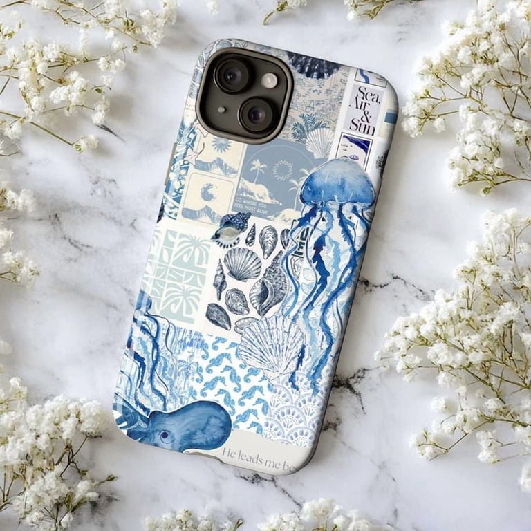 Ocean Blue Patchwork Phone Case | Jellyfish, Shells & Sea Life Collage |  Dual Layer for iPhone 16/15/14/13/12/11 Pro Max