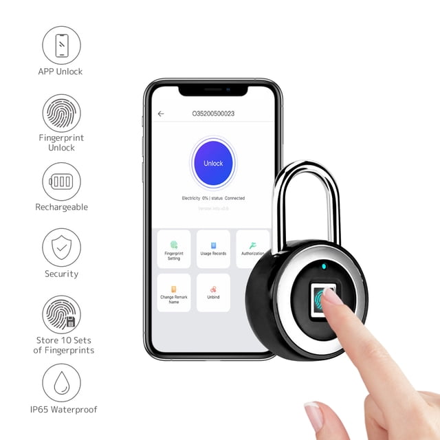 Mistaha Smart BT Fingerprint Padlock Unlocking by Fingerprint & APP Rechargeable Keyless 10 Fingerprints IP65