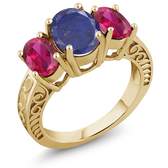 Gem Stone King 3.70 Ct Oval Blue Lapis Red Created Ruby 18K Yellow Gold Plated Silver Ring (Size 9)