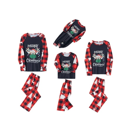 

AMILIEe Matching Family Christmas Pajamas for Parent-Child Plaid Elk Long-sleeve Nightwear
